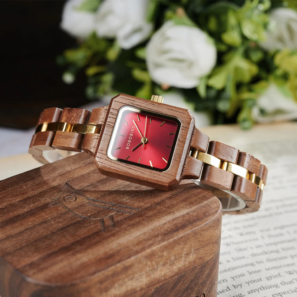 Fashion Women's Watch Wooden Links Square Face Wrist Watch for Ladies Special Gift