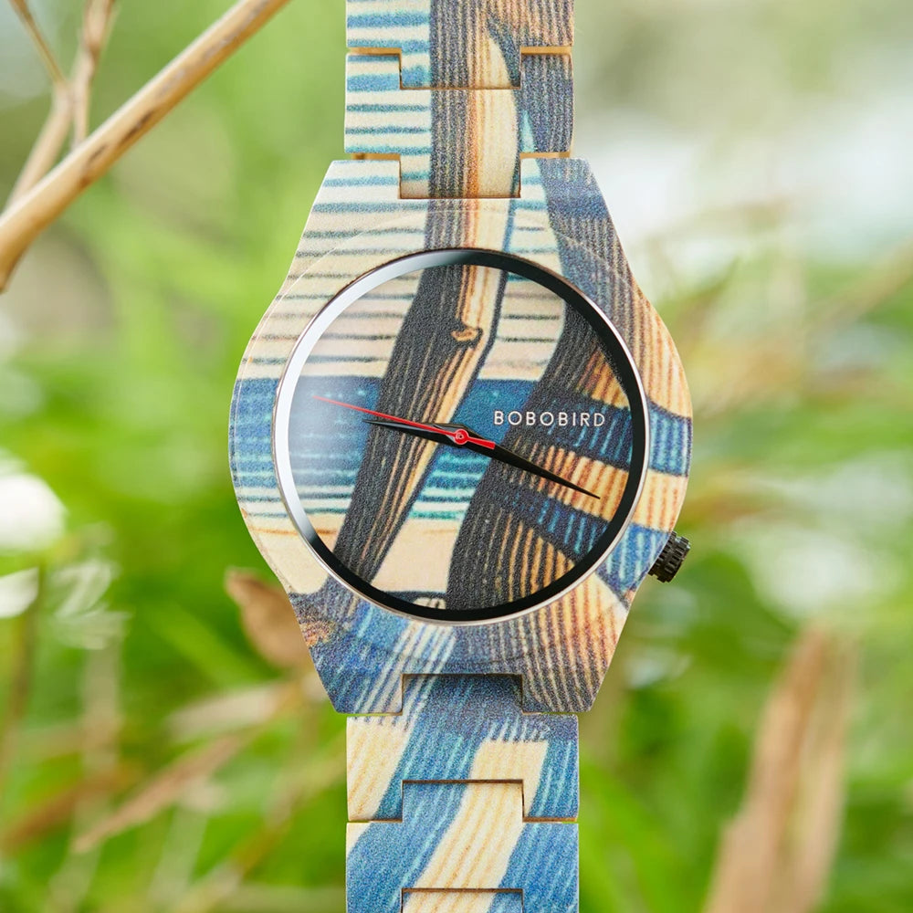 Men's Bamboo Wooden Watch with Pattern - Quartz Movement Pattern Printed Colorful Wristwatch