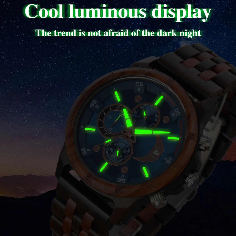 Men’s Sports Fashion Wooden Watch - Chronographic Analog Face With Luminous Hands