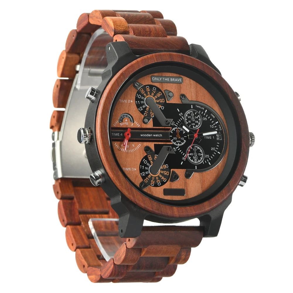 Chronographic Men’s Wooden Sports Watch - Luminous Hands With Large Face - Quartz Movement & Analog Time