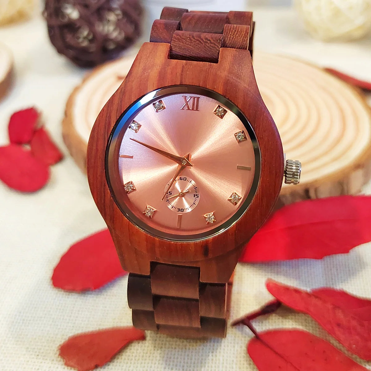 Women's Fashionable Wooden Wrist Watch With Simulated Diamond Dial - Quartz Movement & Analog Face