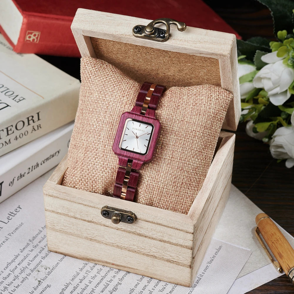 Fashion Women's Watch Wooden Links Square Face Wrist Watch for Ladies Special Gift