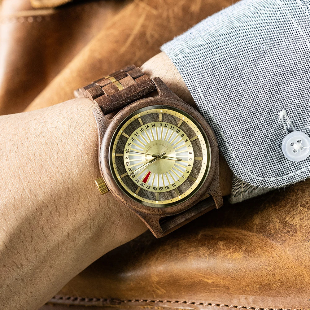 Unique Men's Wooden Watch Design - Chronographic Date Display On Face Wristwatch for Men