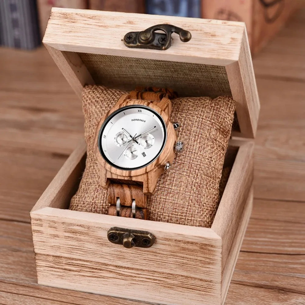 Women’s Luxury Wooden Watch with Chronograph Date and Quartz Movement