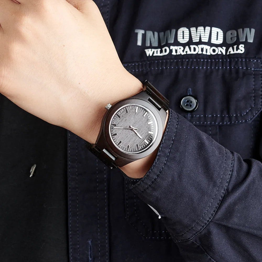 Men's Wooden Watch for Casual Dress - Wrist Watch with Ebony Wood and Analog Face