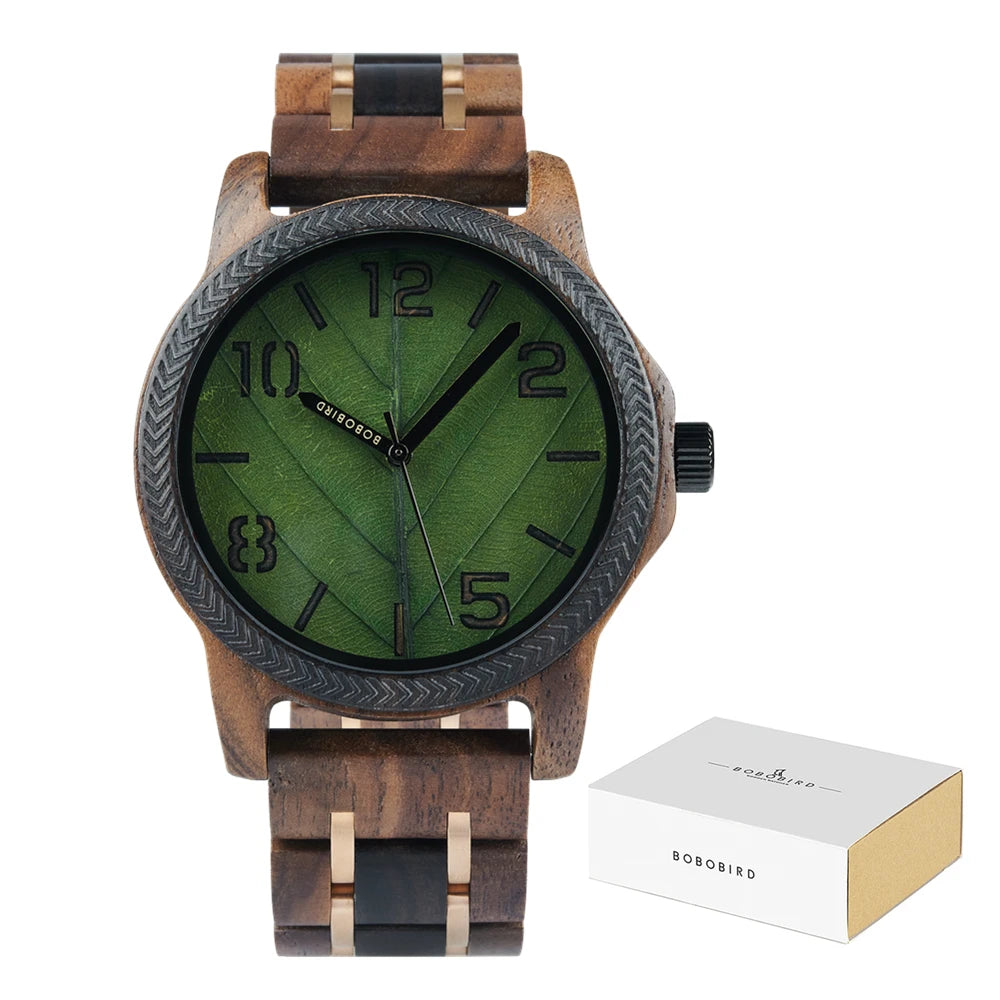 Men's Unique Leaf Dial Design Wooden Wristwatch - Quartz Movement - Analog Display