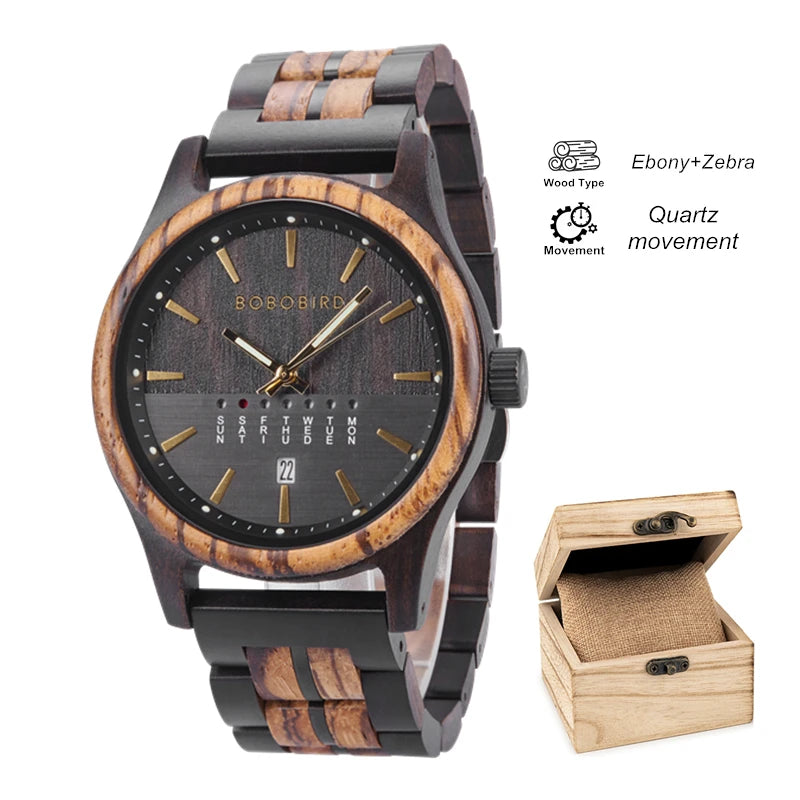 Men's Wooden Wooden Wristwatch - Quartz Movement with Week & Date Display Calendar
