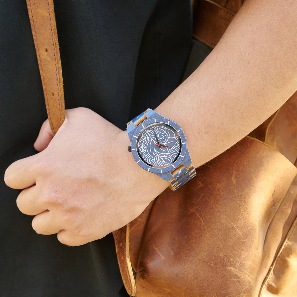 Men's Bamboo Wooden Watch with Pattern - Quartz Movement Pattern Printed Colorful Wristwatch