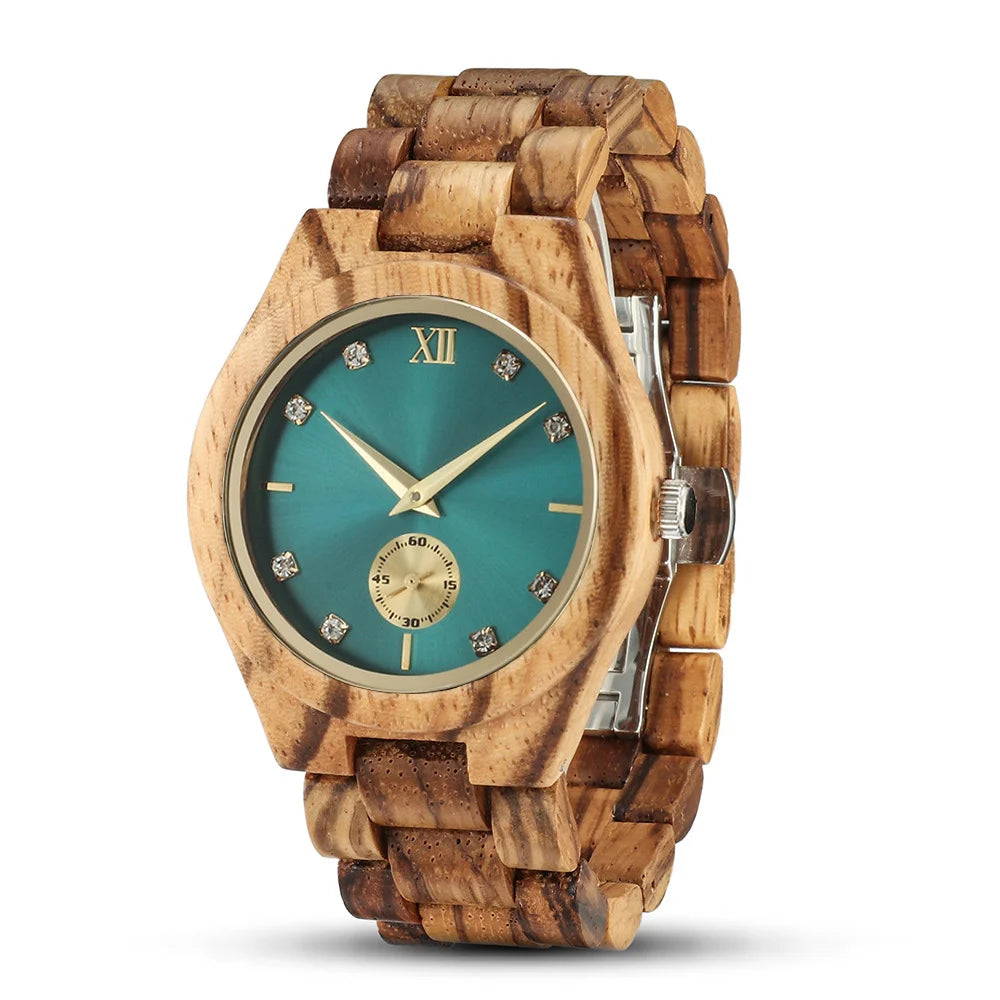 Women’s Wooden Watch With Decorative Rhinestones - Natural Wood Dial And Bracelet Wristwatch For Ladies