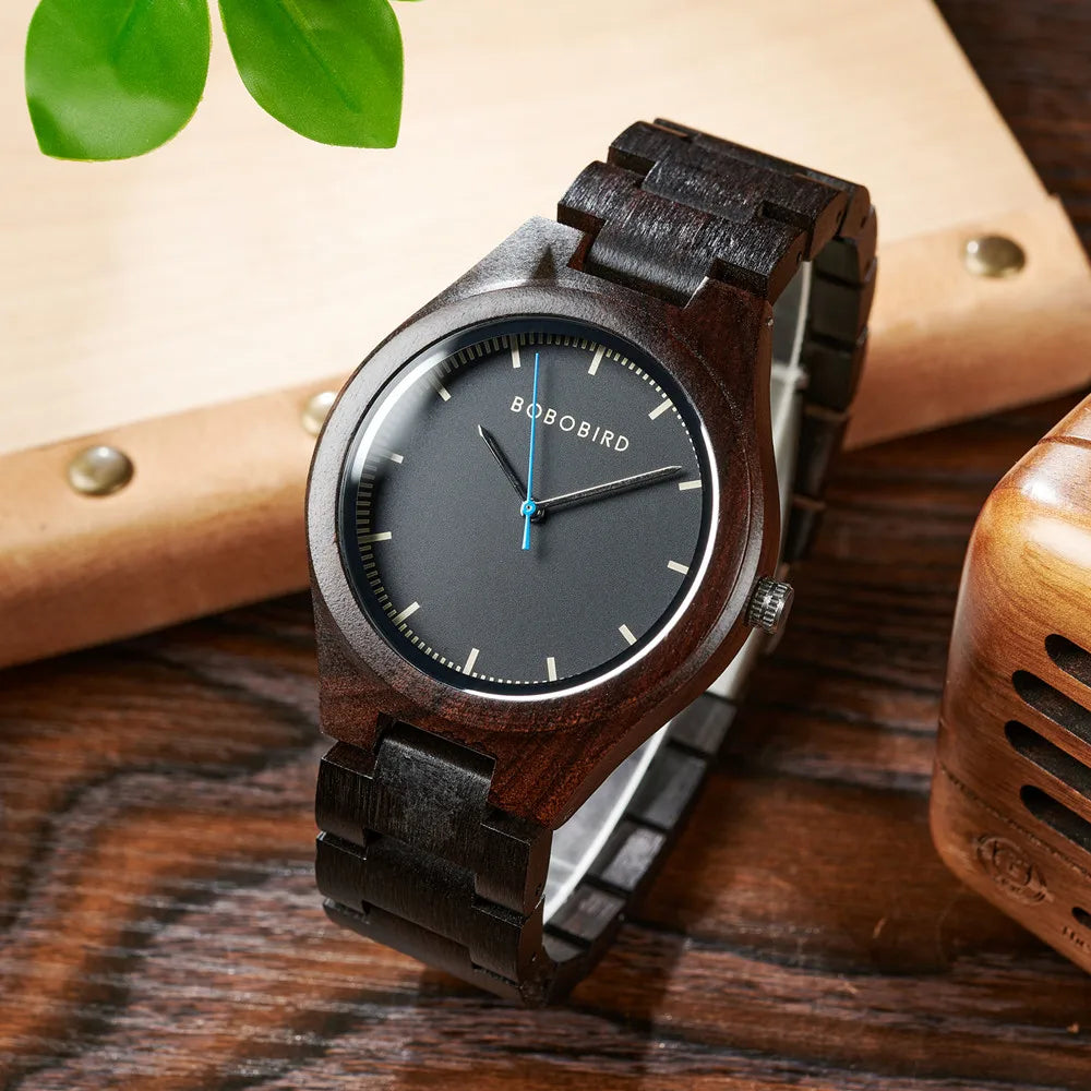 Men's Wooden Watch for Casual Dress - Wrist Watch with Ebony Wood and Analog Face
