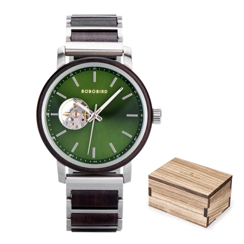 Men's Automatic Watch - Wood & Stainless Steel Combined - Mechanical Movement Self-Winding Wristwatch