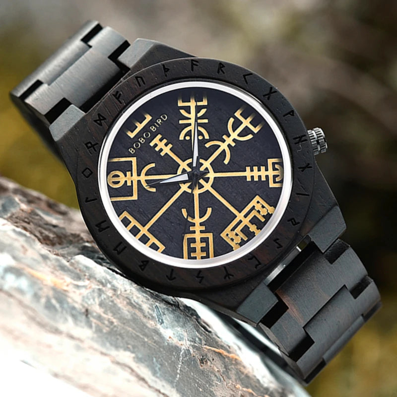 Viking Style Man's Wooden Watches - Vintage Quartz Movement Watch for Men