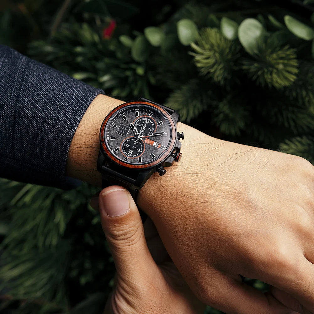 Men's Stylish Wood & Stainless Steel Combination Watch - Quartz Movement Chronographic Date & Time Face