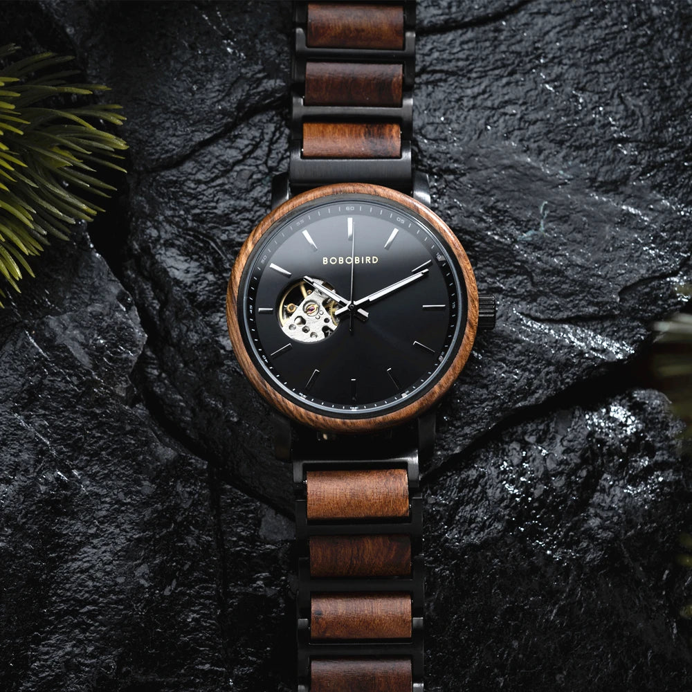 Men's Automatic Watch - Wood & Stainless Steel Combined - Mechanical Movement Self-Winding Wristwatch