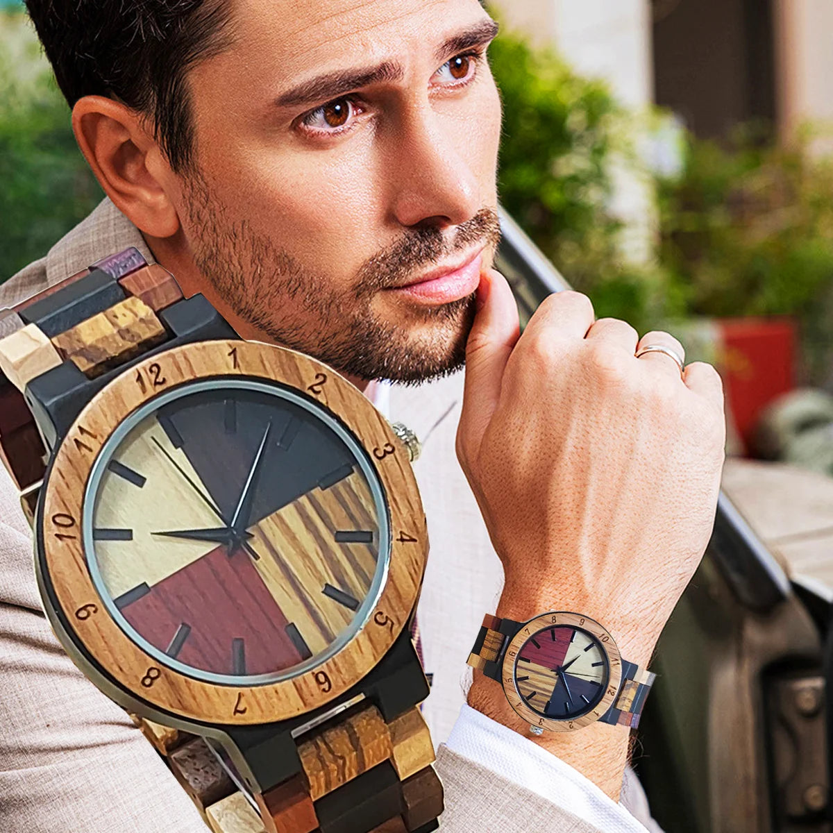 Men’s Colorful Wooden Wrist Watch - Analog Face With Quartz Movement