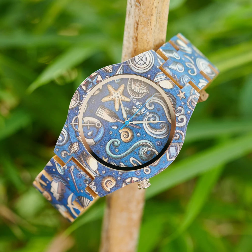Men's Bamboo Wooden Watch with Pattern - Quartz Movement Pattern Printed Colorful Wristwatch