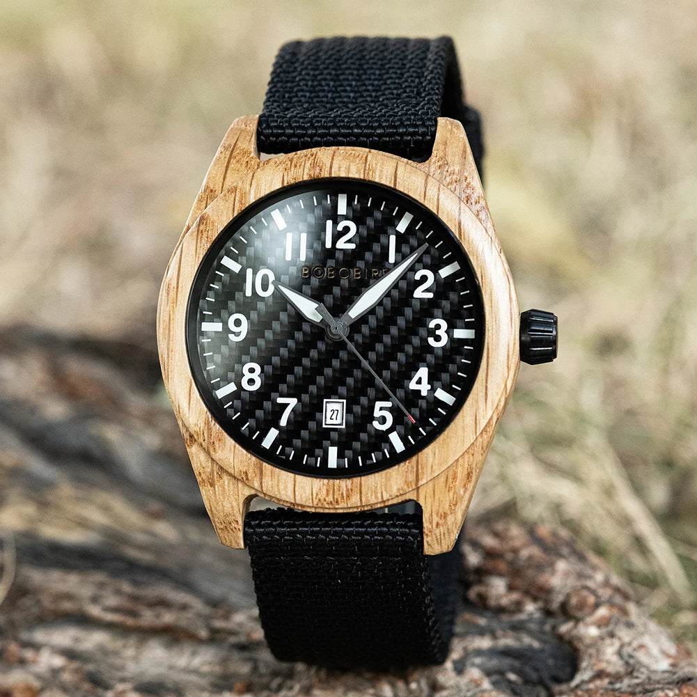 Vintage Mens Wooden Watch - Nylon Strap Casual Wristwatch for Men