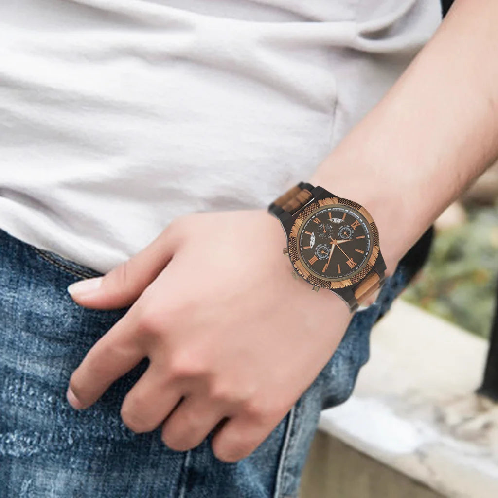 Wooden Wrist Watch for Men - Luxury Stylish Multifunction Chronographic Face