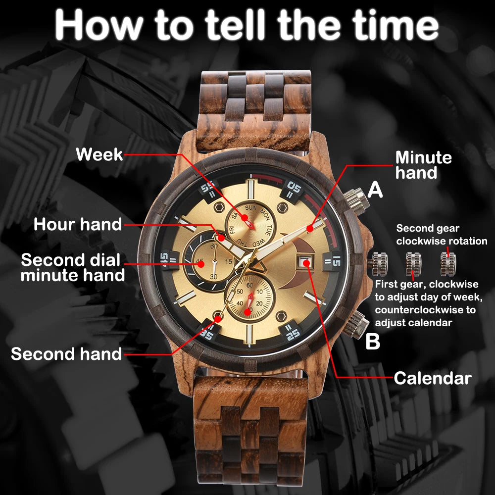 Men’s Sports Fashion Wooden Watch - Chronographic Analog Face With Luminous Hands