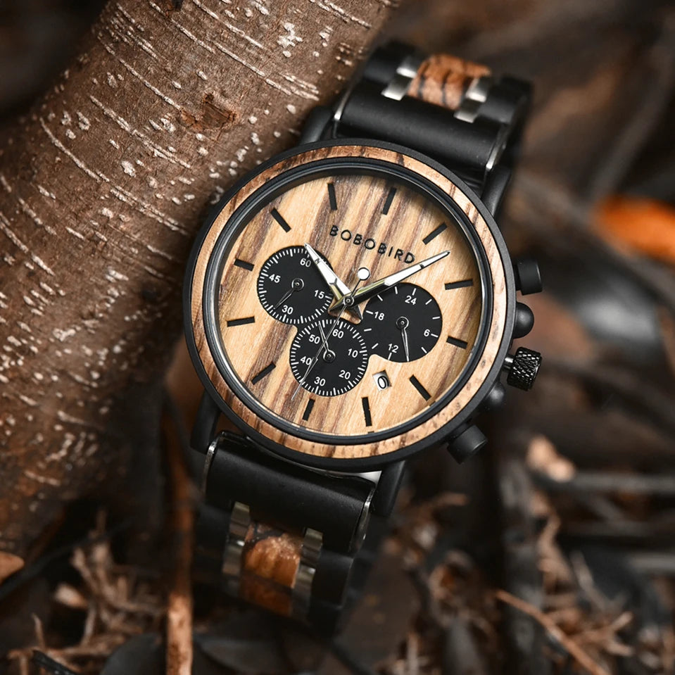 Men's Wooden Wristwatch With Auto Date Chronographic Face