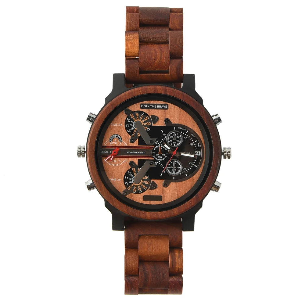 Chronographic Men’s Wooden Sports Watch - Luminous Hands With Large Face - Quartz Movement & Analog Time