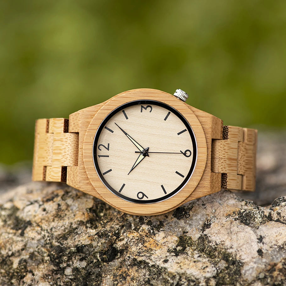 Simple Bamboo Men's Watch with Gift Box - Round Face - Quartz Movement