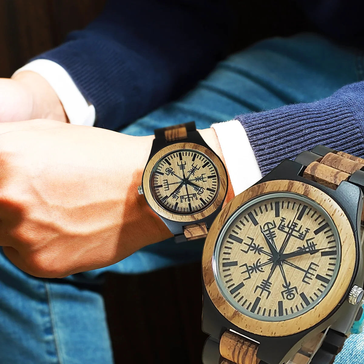 Men’s Analog Wooden Watch With Viking Symbol Face - Classic Quartz Movement