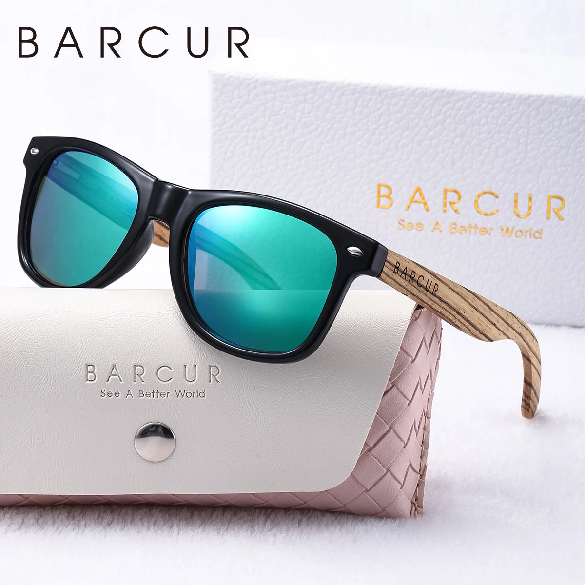 BARCUR Fashion Polarized Sunglasse Full-rim PC Advanced Bamboo Mirror Legs Colorful TAC Lens Women Sunglasses Gift Box Package