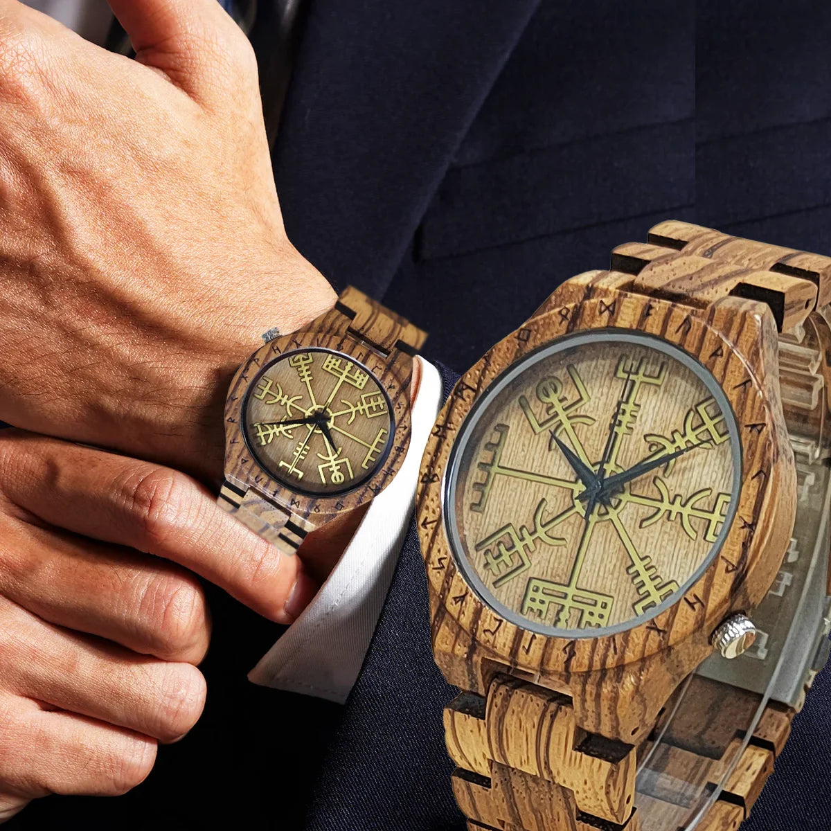 Men’s Analog Wooden Watch With Viking Symbol Face - Classic Quartz Movement