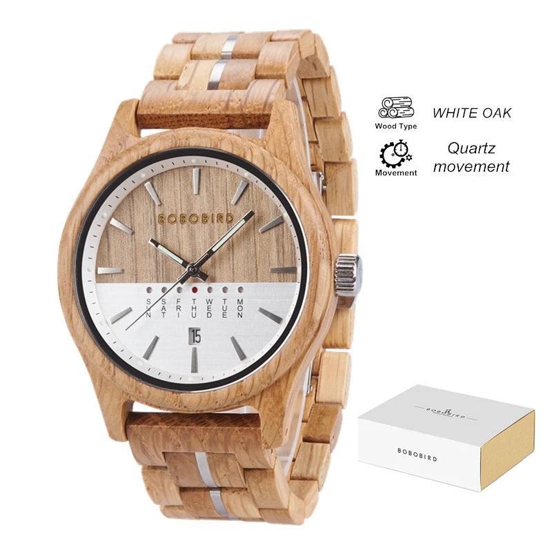 Men's Wooden Wooden Wristwatch - Quartz Movement with Week & Date Display Calendar