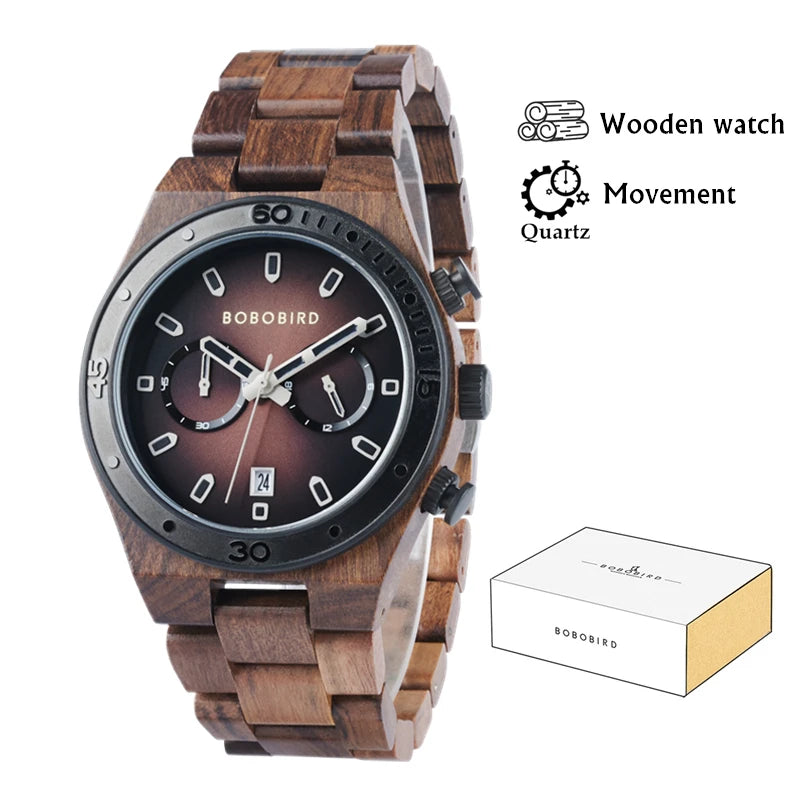 Luxury Men's Wooden Watch With Chronographic Date Display