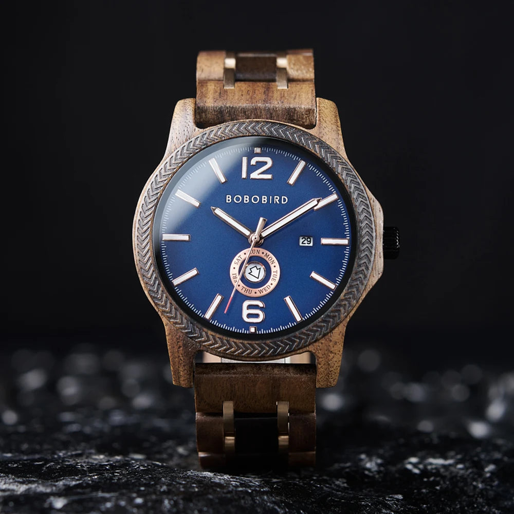 Mens Wooden Watch - Analog Watch for Men With Gift Box - Round Face Quartz Movement