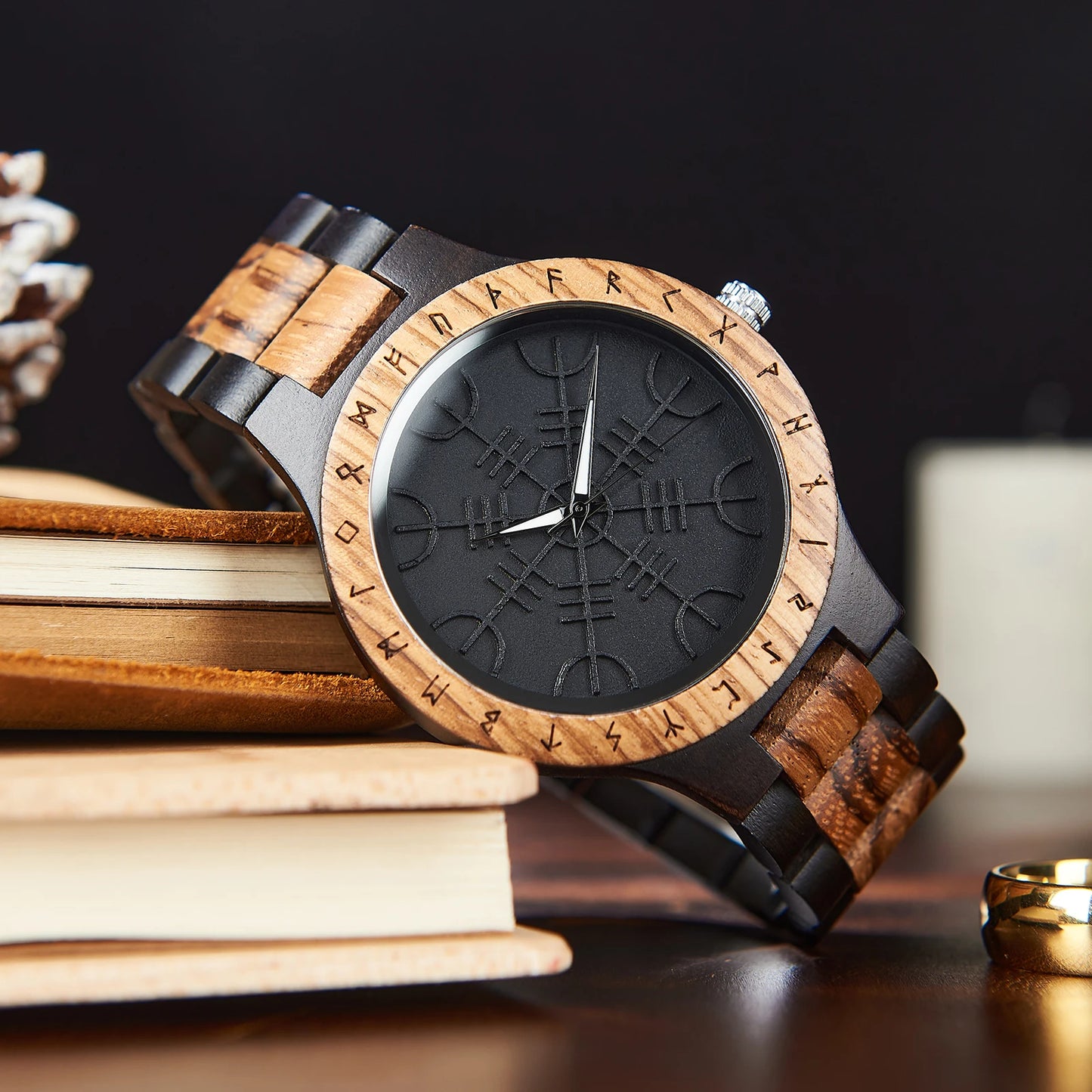 Men's Wooden Wristwatch - Viking Face Style - Gift Idea for Men