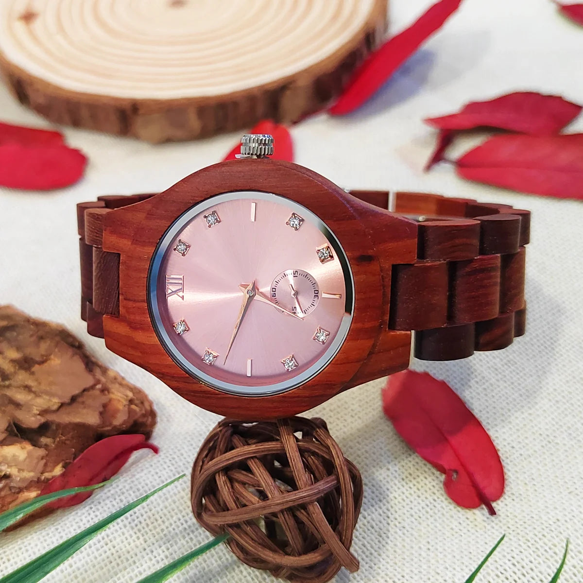 Women's Fashionable Wooden Wrist Watch With Simulated Diamond Dial - Quartz Movement & Analog Face