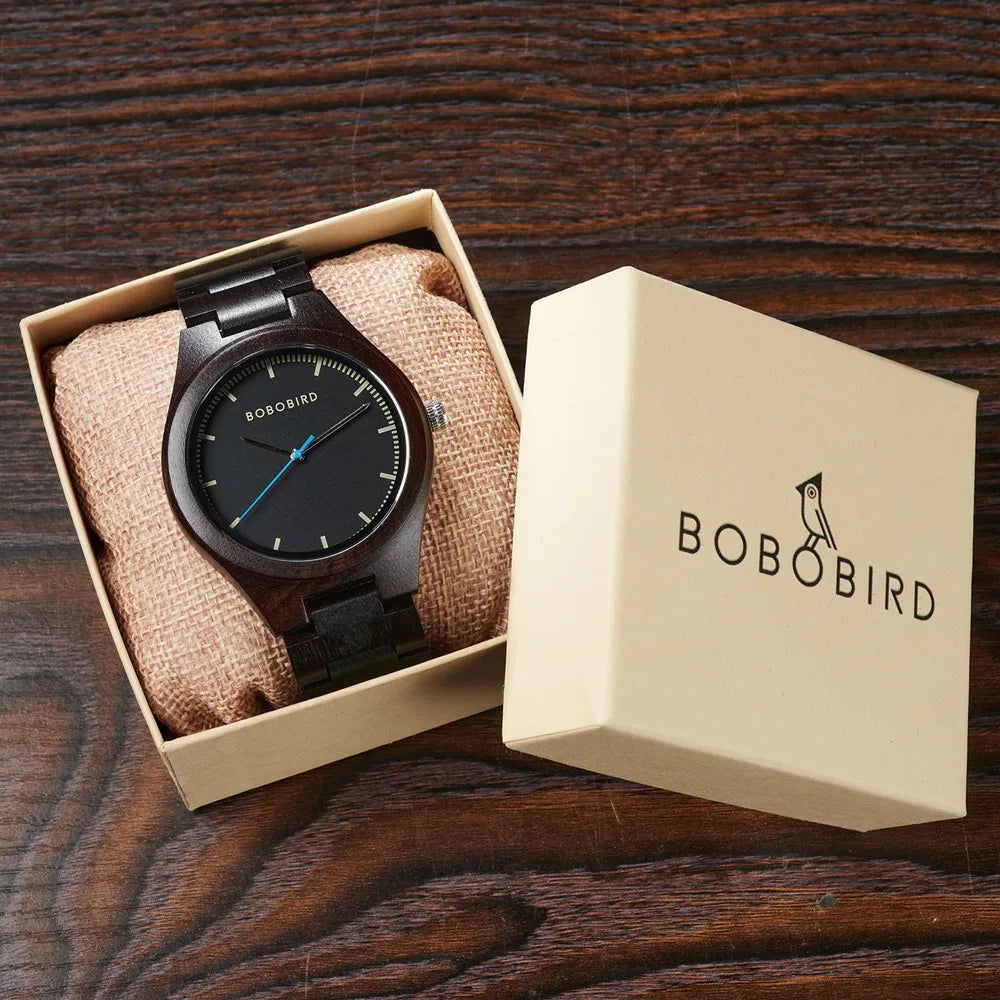 Men's Wooden Watch for Casual Dress - Wrist Watch with Ebony Wood and Analog Face
