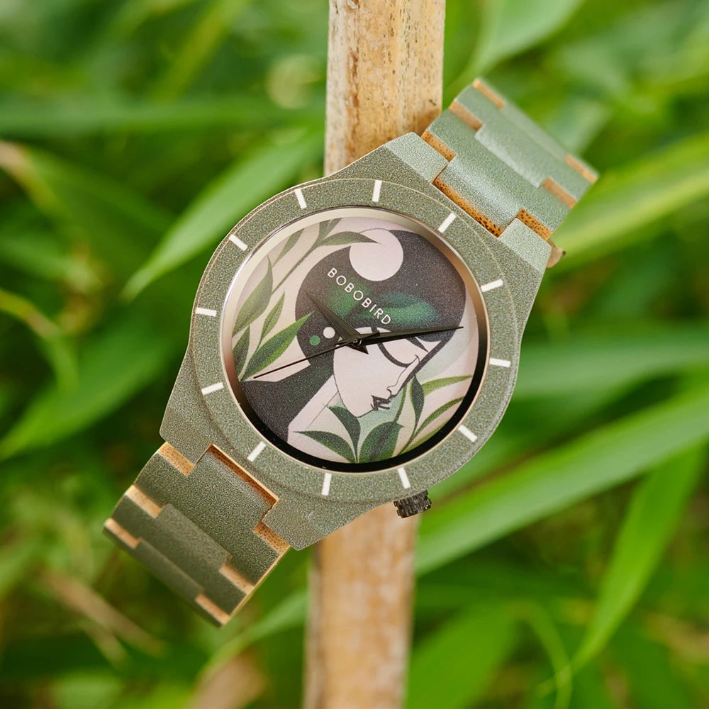 Men's Bamboo Wooden Watch with Pattern - Quartz Movement Pattern Printed Colorful Wristwatch