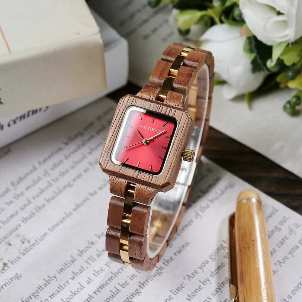 Fashion Women's Watch Wooden Links Square Face Wrist Watch for Ladies Special Gift