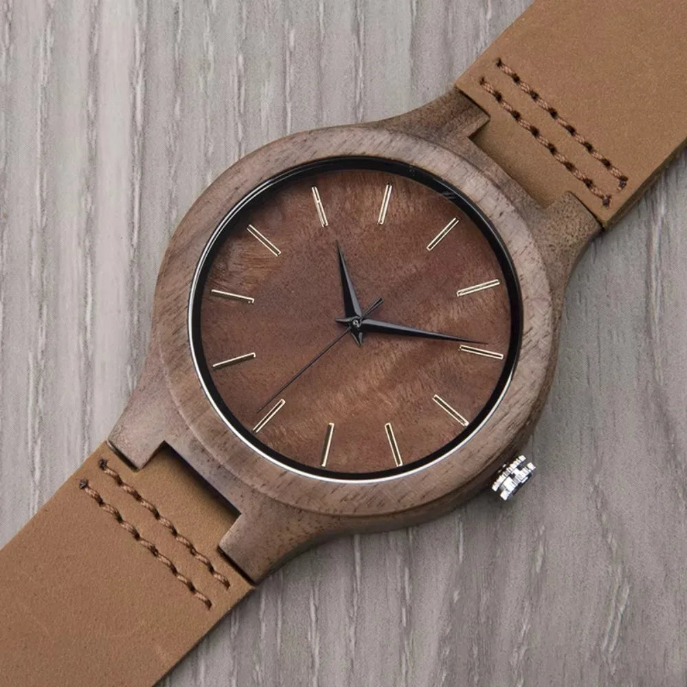 Wooden Unisex Wrist Watches - Classic Analog Quartz Movement With Tan Leather Band