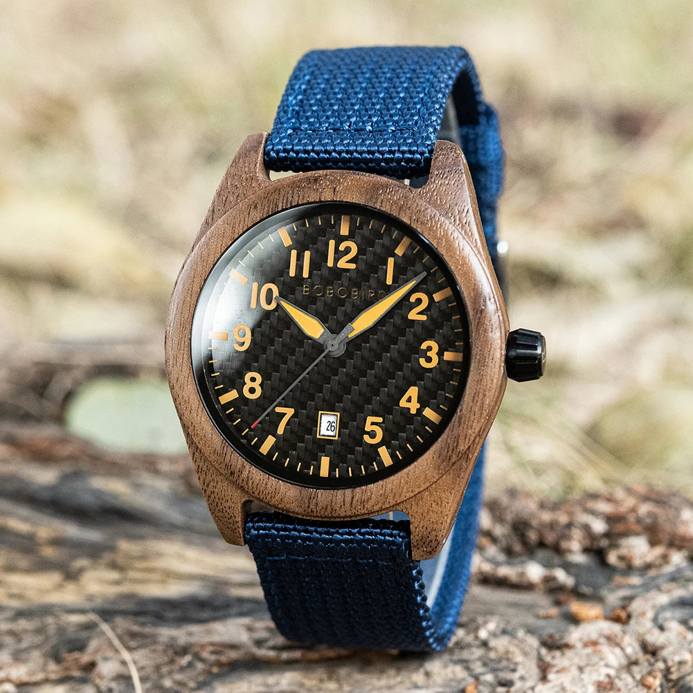Vintage Mens Wooden Watch - Nylon Strap Casual Wristwatch for Men