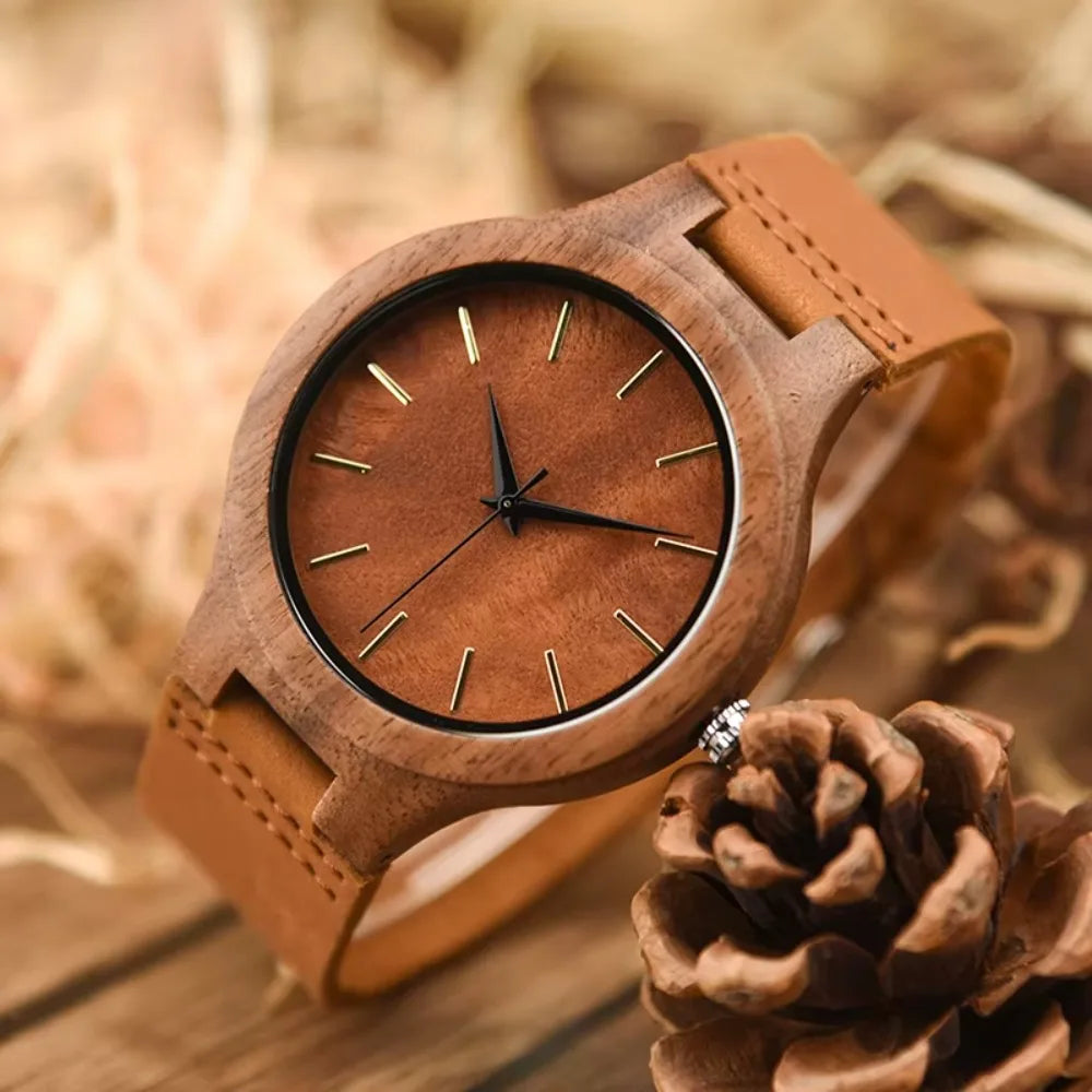 Wooden Unisex Wrist Watches - Classic Analog Quartz Movement With Tan Leather Band