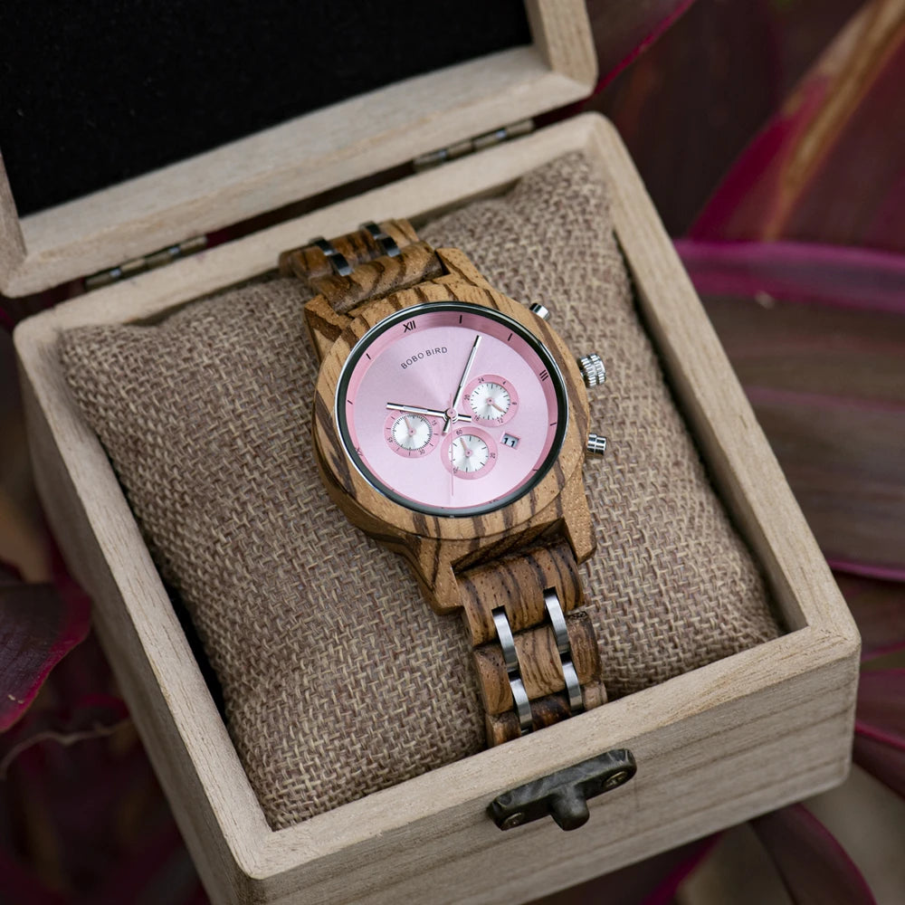 Wooden Women's Watch with 3 Sub Dials Chronograph