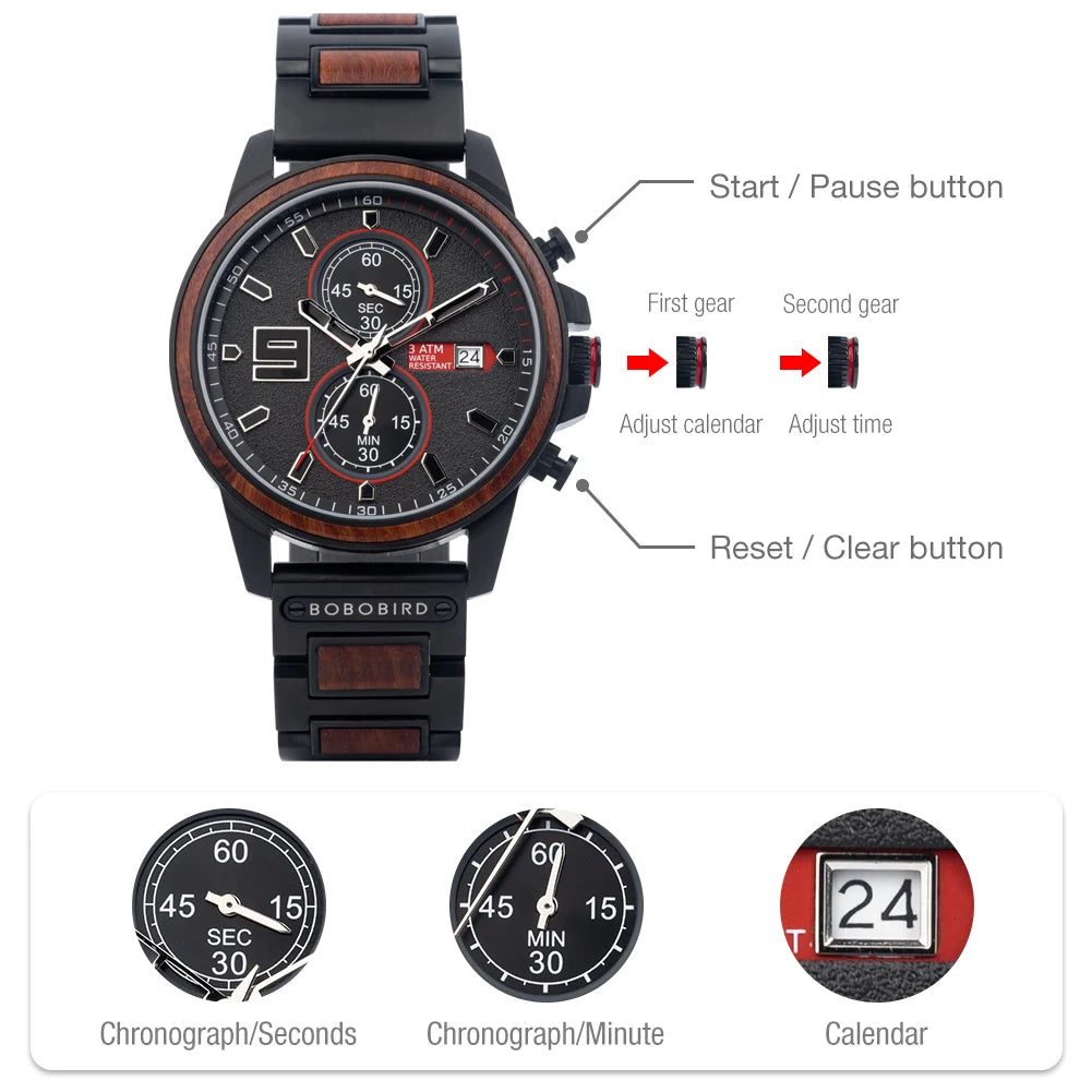 Men's Stylish Wood & Stainless Steel Combination Watch - Quartz Movement Chronographic Date & Time Face