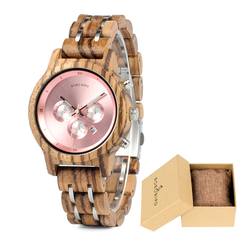 Wooden Women's Watch with 3 Sub Dials Chronograph