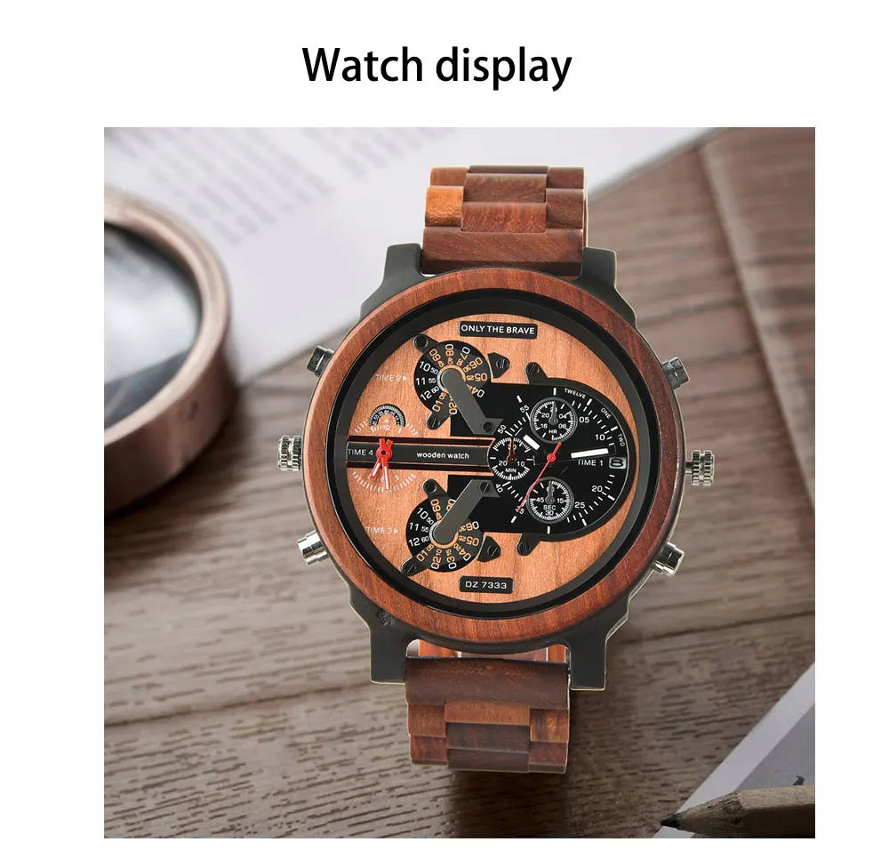 Chronographic Men’s Wooden Sports Watch - Luminous Hands With Large Face - Quartz Movement & Analog Time