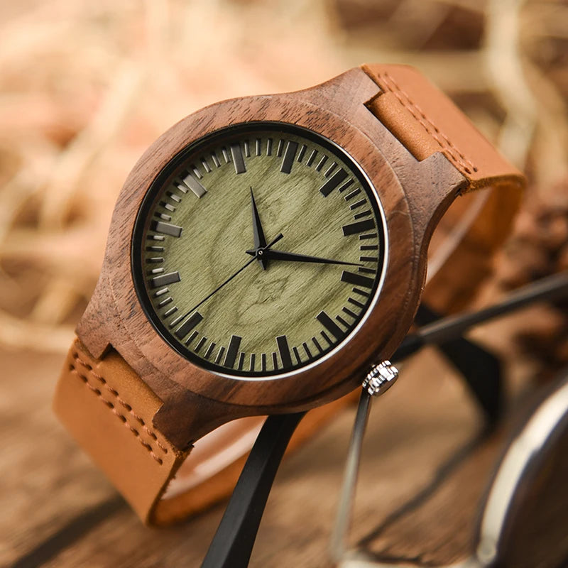 Wooden Unisex Wrist Watches - Classic Analog Quartz Movement With Tan Leather Band