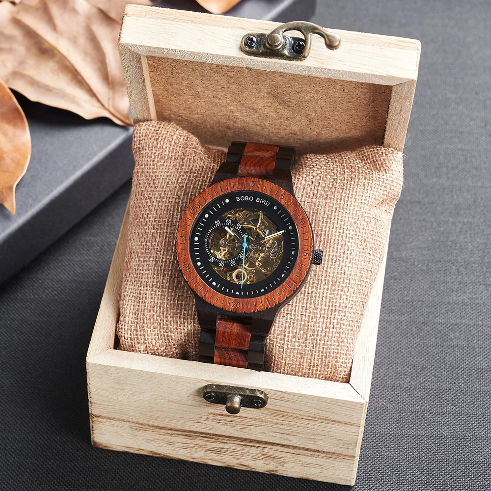 Men's Automatic Wooden Watch - Self-Wind Mechanical Skeleton Wristwatch