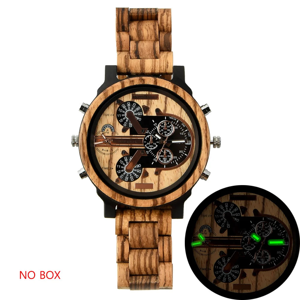 Men's Large Chronographic Dial Wooden Watch - Sports Style With Luminous Hands And Quartz Movement