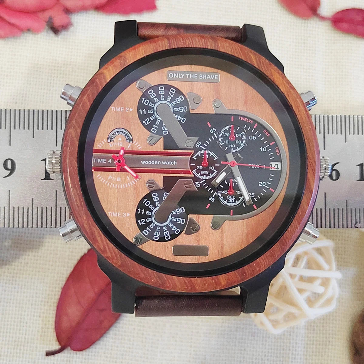 Men's Large Chronographic Dial Wooden Watch - Sports Style With Luminous Hands And Quartz Movement