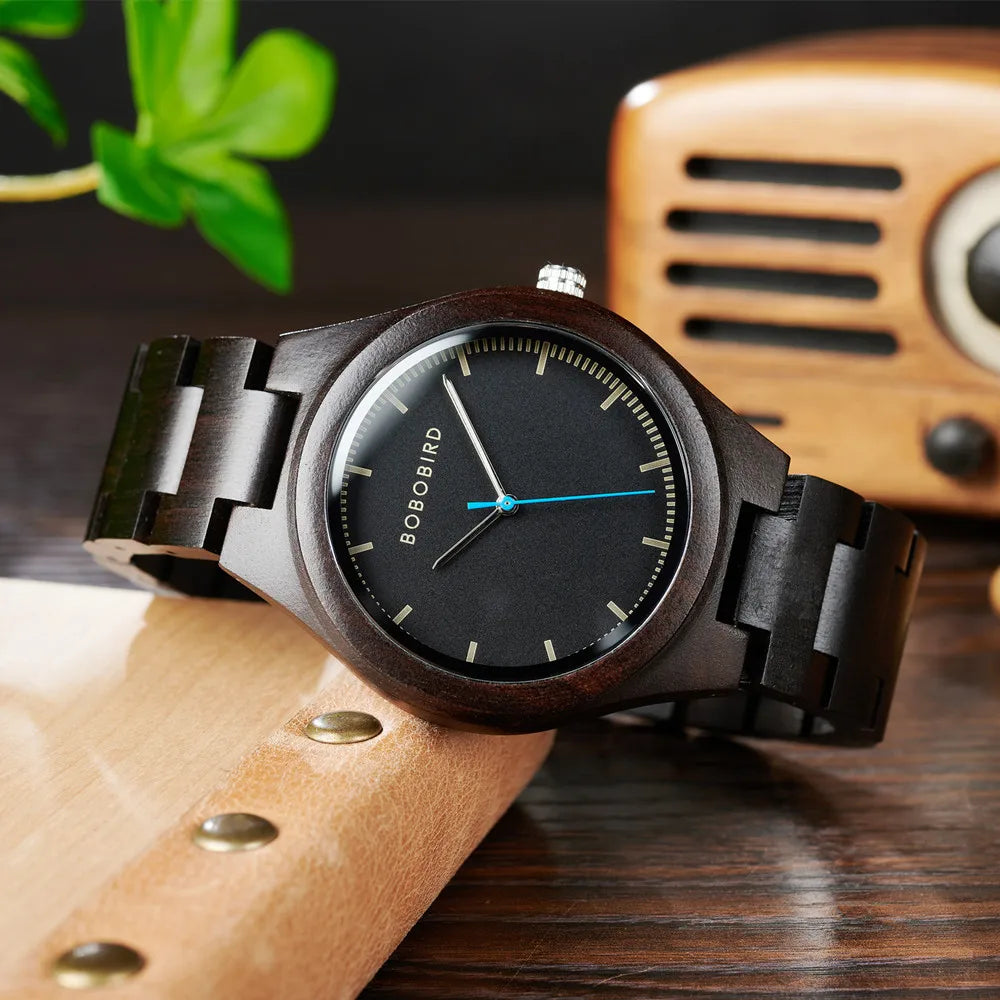 Men's Wooden Watch for Casual Dress - Wrist Watch with Ebony Wood and Analog Face