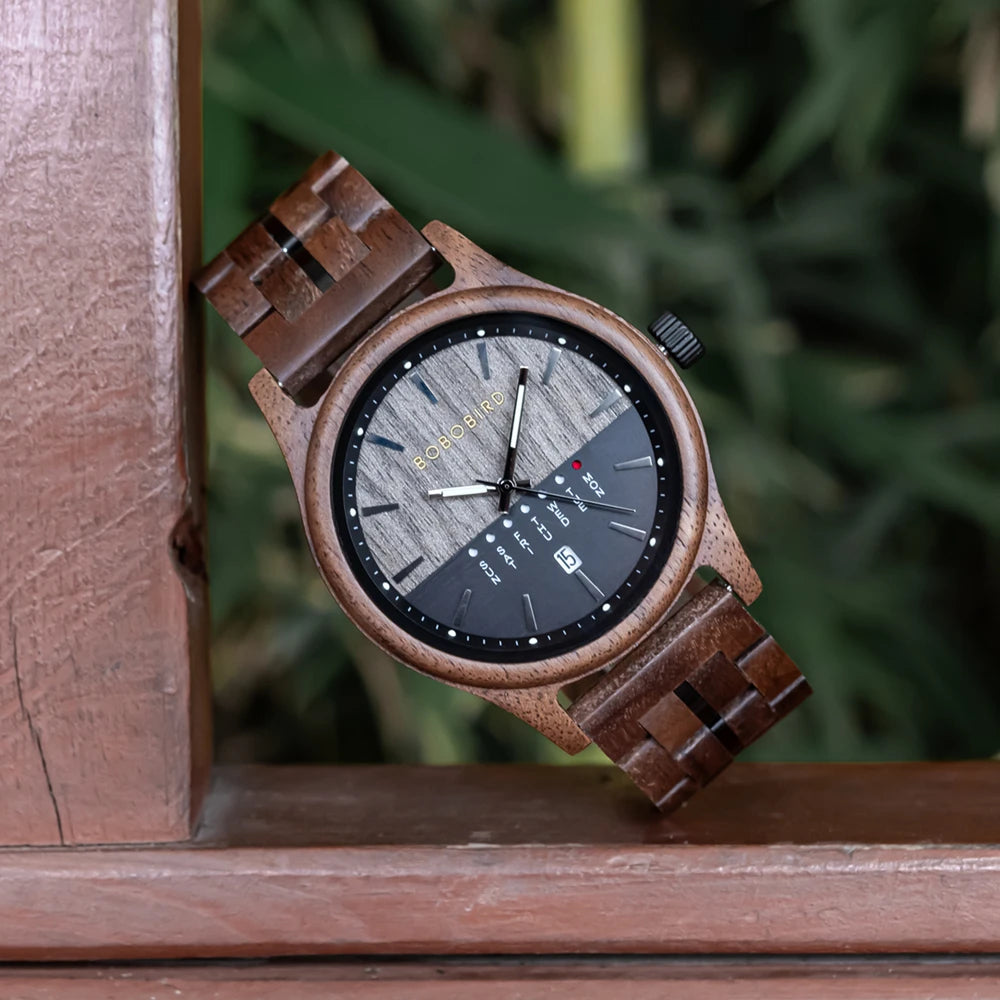 Men's Wooden Wooden Wristwatch - Quartz Movement with Week & Date Display Calendar